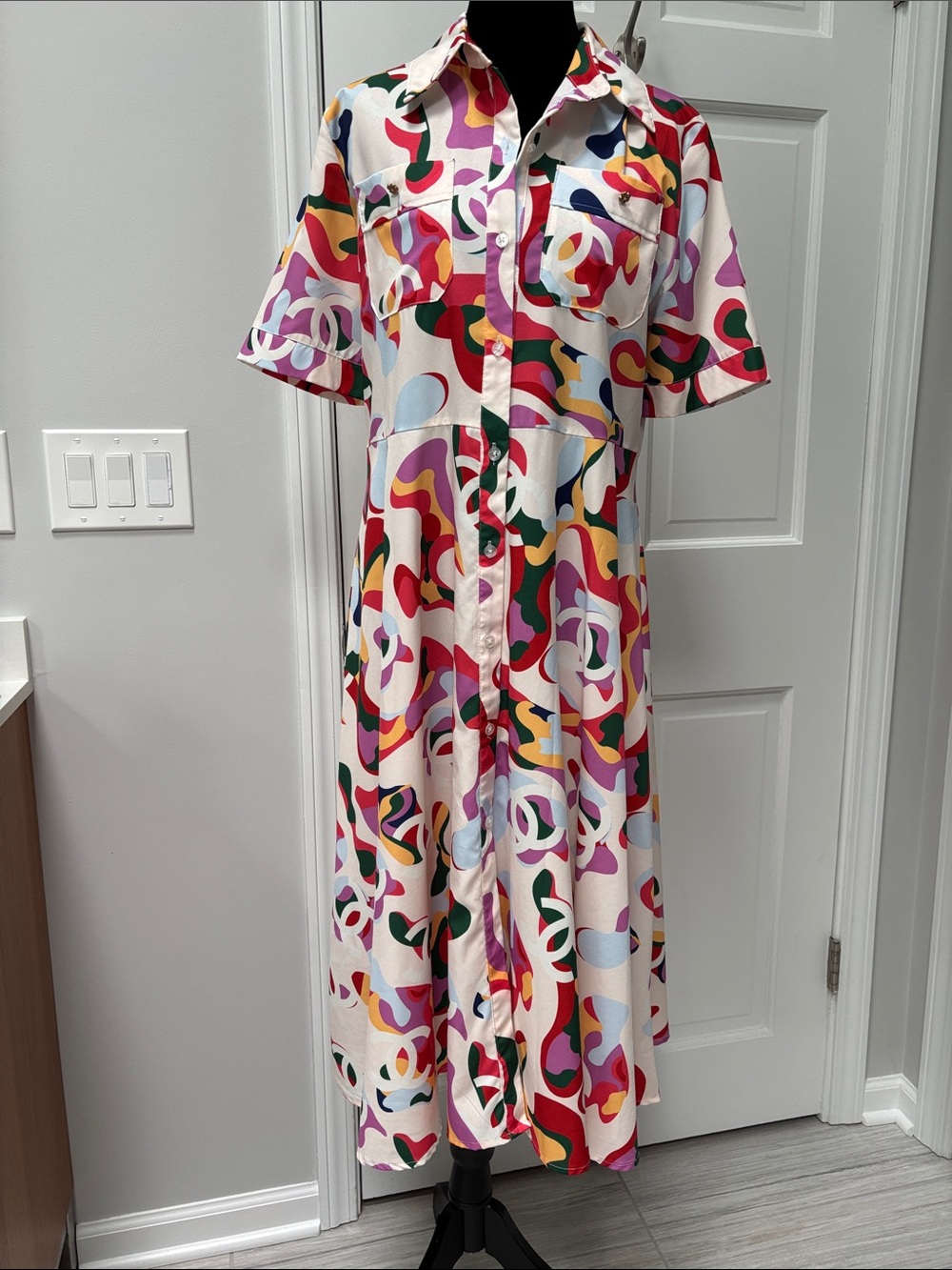 Multicolor Abstract Print Maxi Shirt Dress - White Base